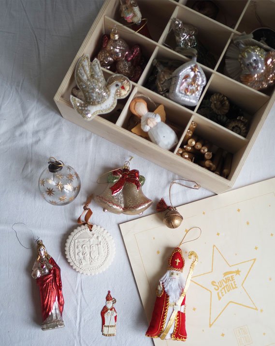 Boîte de rangement de crèches ou décorations de Noël en bois - Suivre l'étoile