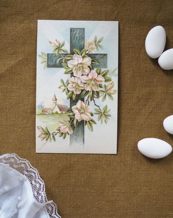 Carte vintage de communion Croix et fleurs
